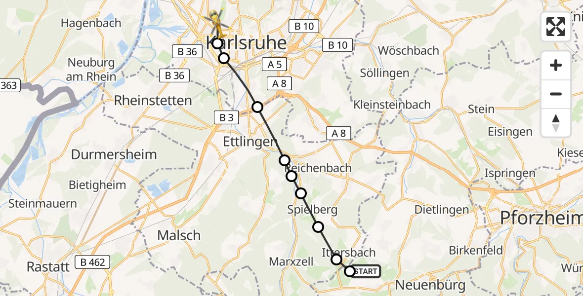 Flugroute Rettungshubschrauber Feldrennach - Karlsruhe, 27 März 2026, 07:14