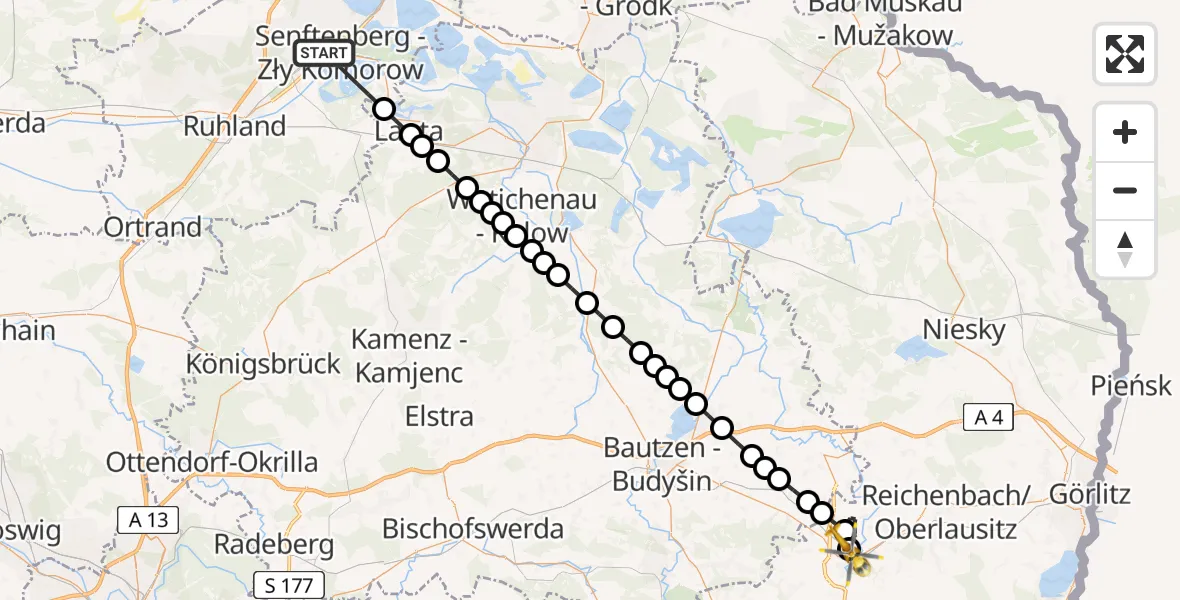 Flugroute Ambulanzhubschrauber Senftenberg - Altlöbau, 27 März 2026, 07:25