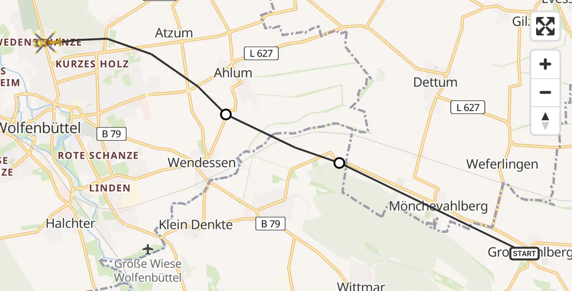 Flugroute Rettungshubschrauber Groß Vahlberg - Wolfenbüttel Municipal Hospital Hubschrauberlandeplatz (Christoph 30), 27 März 2026, 07:44