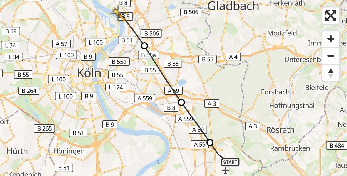 Routekaart van de vlucht: Rettungshubschrauber nach Mülheim, Stammheimer Ufer