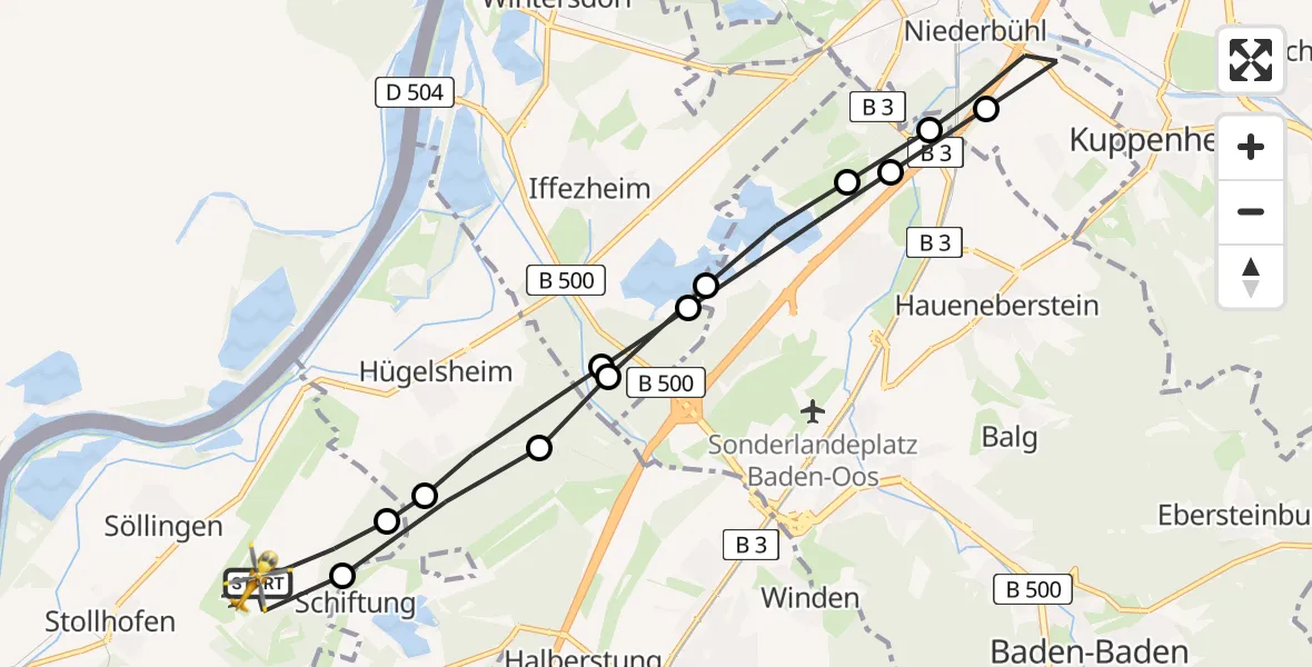 Flugroute Rettungshubschrauber Karlsruhe Baden-Baden Flughafen - Karlsruhe Baden-Baden Flughafen, 27 März 2026, 07:58