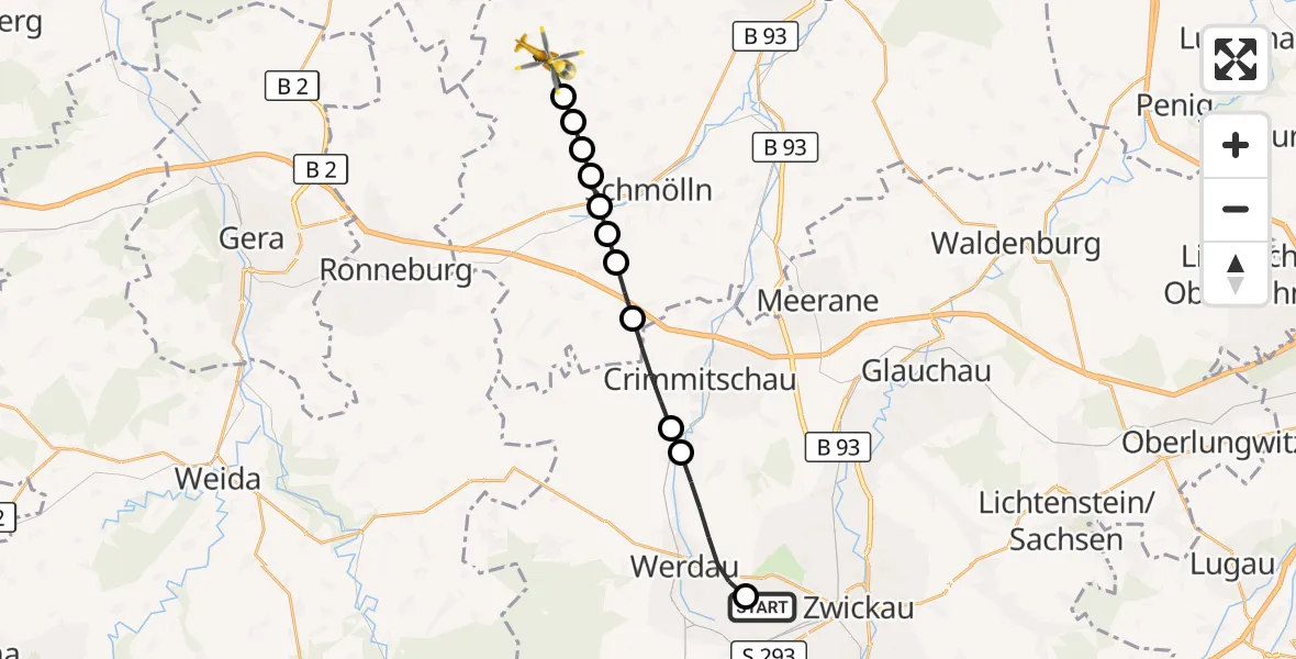 Flugroute Rettungshubschrauber ADAC Air Rescue Station Zwickau Hubschrauberlandeplatz - Dobitschen, 27 März 2026, 07:59