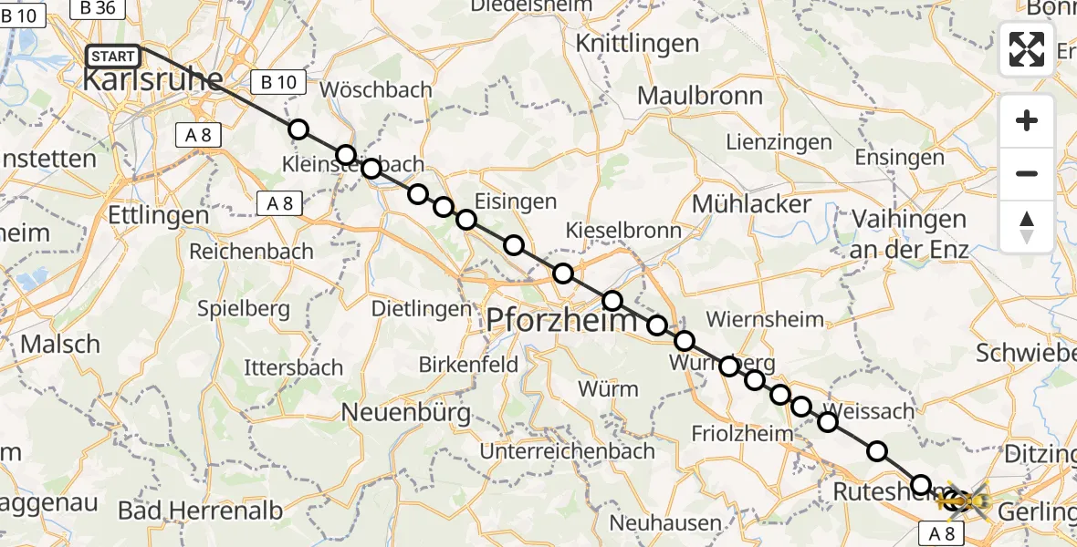 Flugroute Rettungshubschrauber Karlsruhe - Leonberg Hospital, 27 März 2026, 07:59