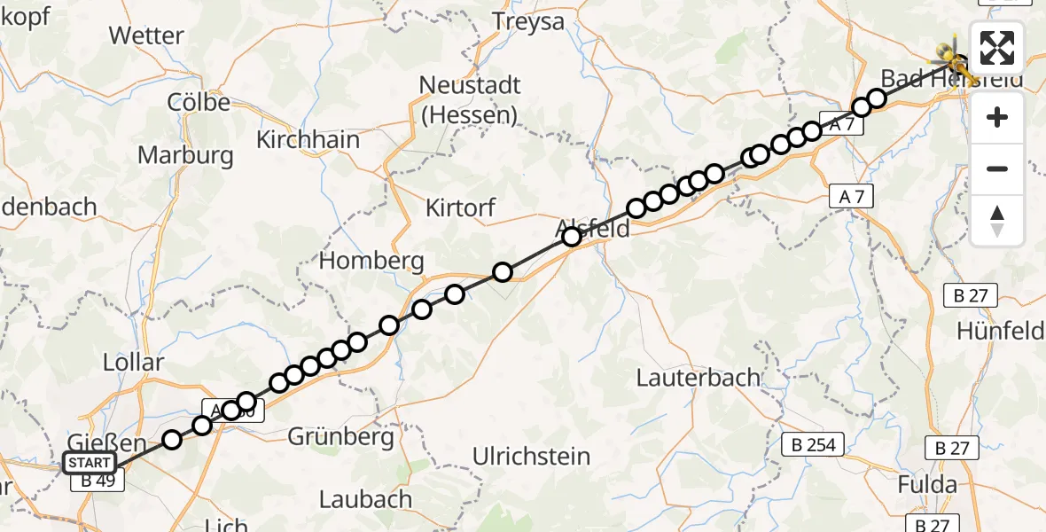Flugroute Rettungshubschrauber Gießen - Bad Hersfeld Hospital, 27 März 2026, 08:00