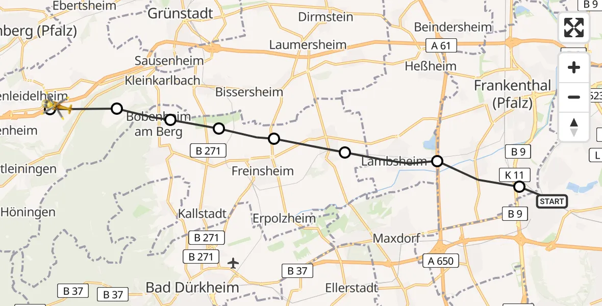 Flugroute Rettungshubschrauber Ludwigshafen am Rhein - Hettenleidelheim, 27 März 2026, 08:03