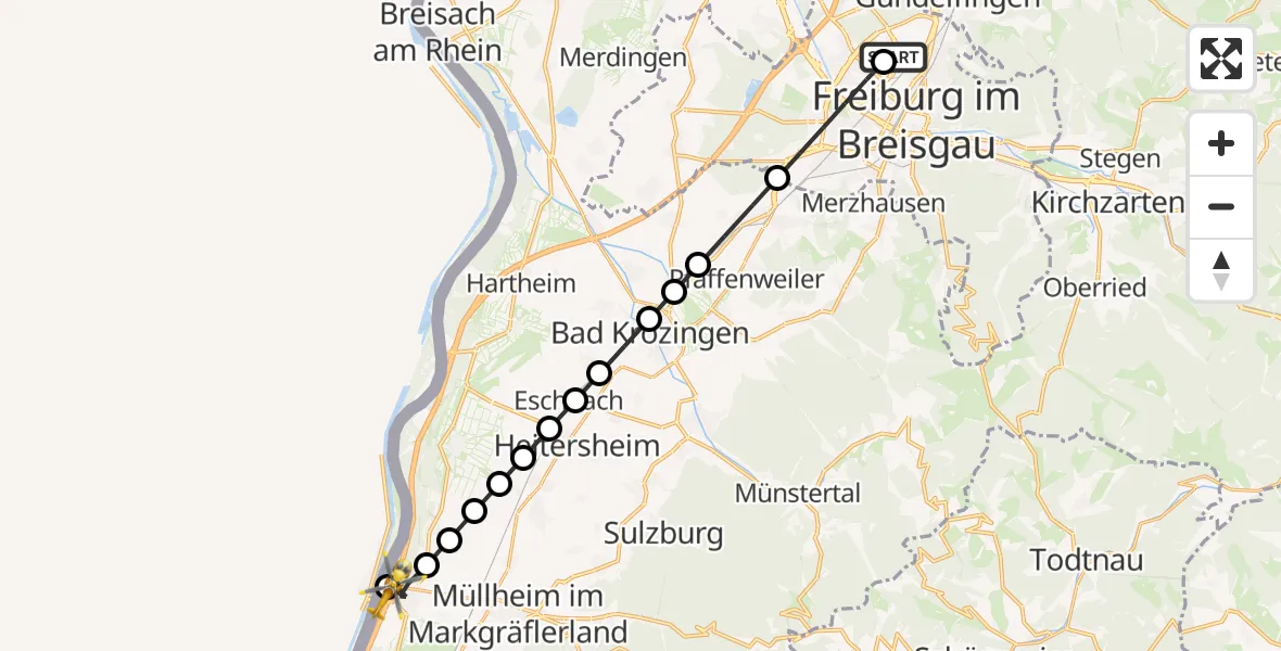 Flugroute Ambulanzhubschrauber Freiburg im Breisgau Flugplatz - Neuenburg am Rhein, 27 März 2026, 08:10