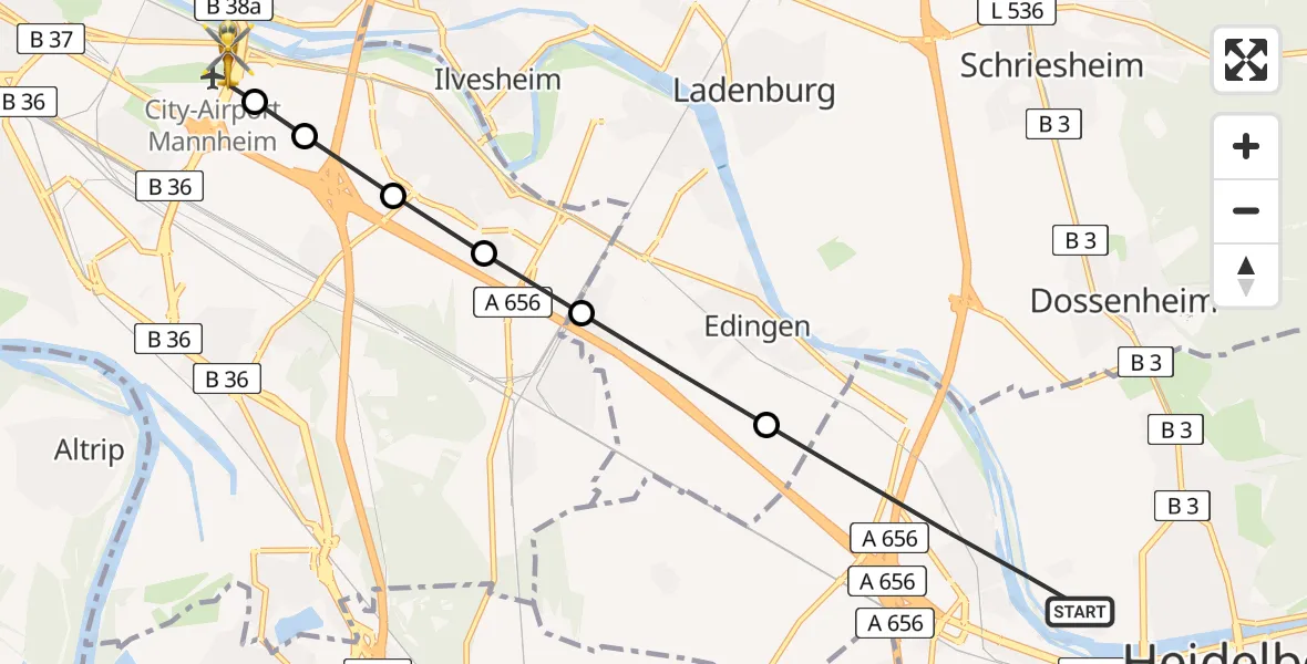 Flugroute Rettungshubschrauber Heidelberg - Mannheim-City Flughafen, 27 März 2026, 08:16