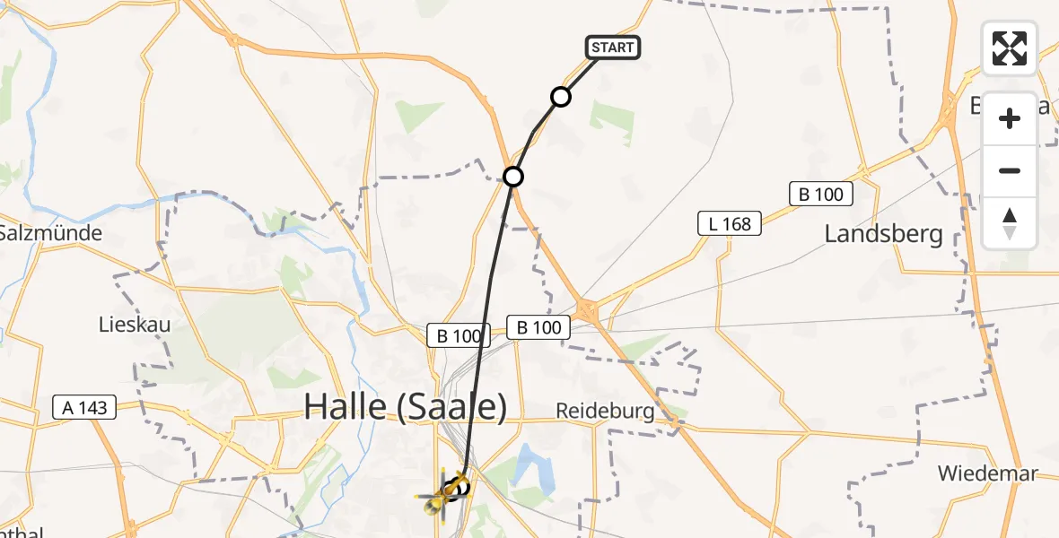 Routekaart van de vlucht: Ambulanzhubschrauber nach BG Hospital Bergmannstrost Halle
