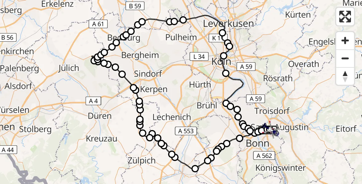 Flugroute Polizeihubschrauber Meindorf - Sankt Augustin, 27 März 2026, 08:27