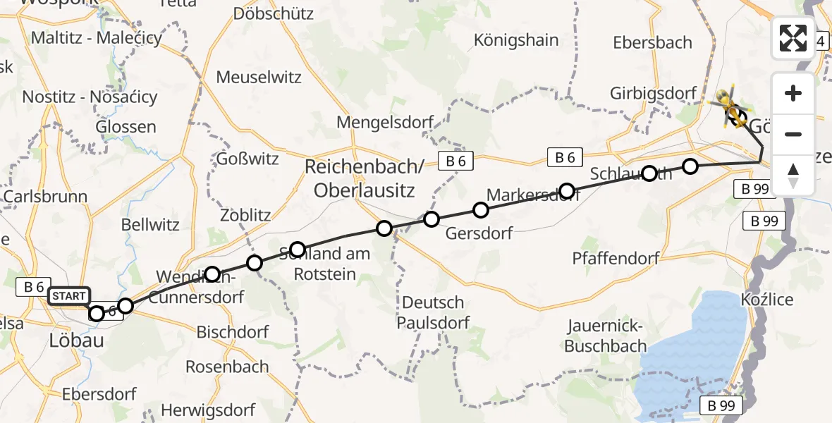 Flugroute Ambulanzhubschrauber Altlöbau - Görlitz Hospital, 27 März 2026, 08:37
