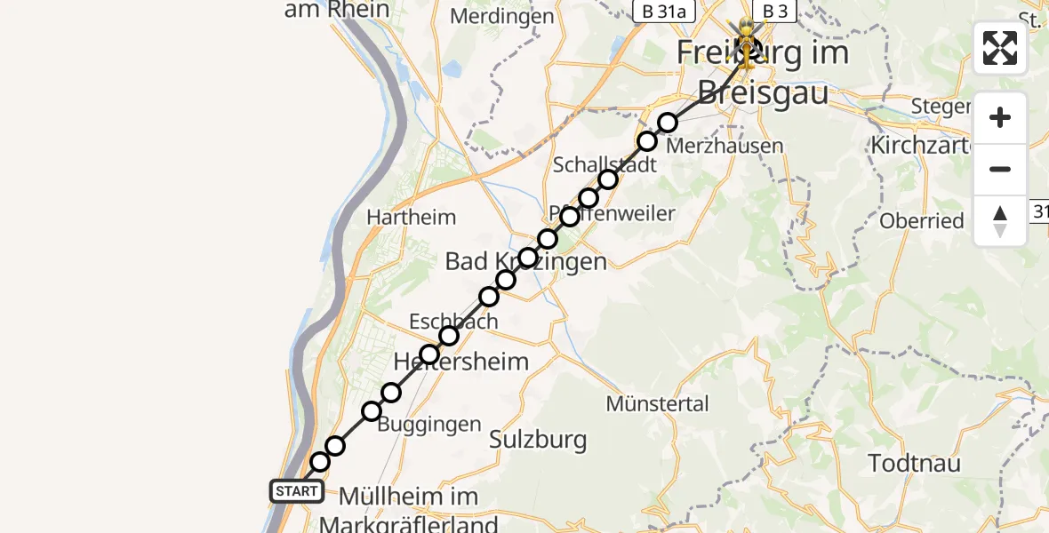 Routekaart van de vlucht: Ambulanzhubschrauber nach Freiburg University Hospital Heliport 1