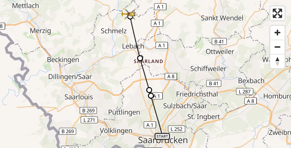Flugroute Rettungshubschrauber Saarbrücken - Limbach, 27 März 2026, 08:38
