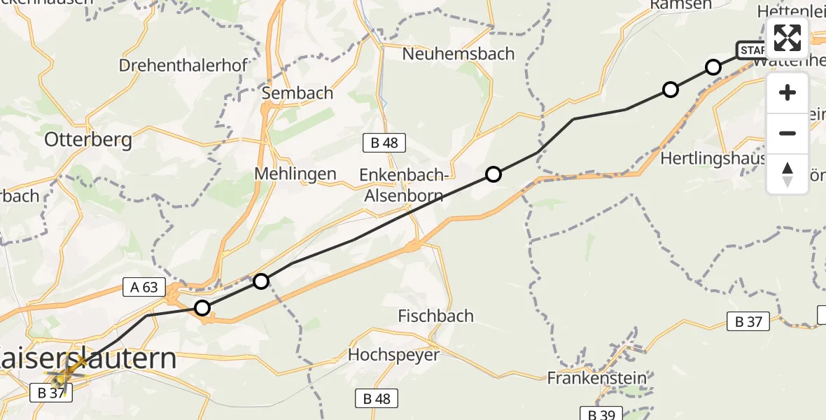 Flugroute Rettungshubschrauber Eisenberg (Pfalz) - Kaiserslautern, 27 März 2026, 08:40