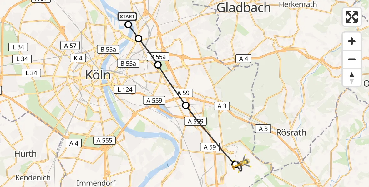 Flugroute Rettungshubschrauber Mülheim - Köln Bonn Flughafen, 27 März 2026, 08:50