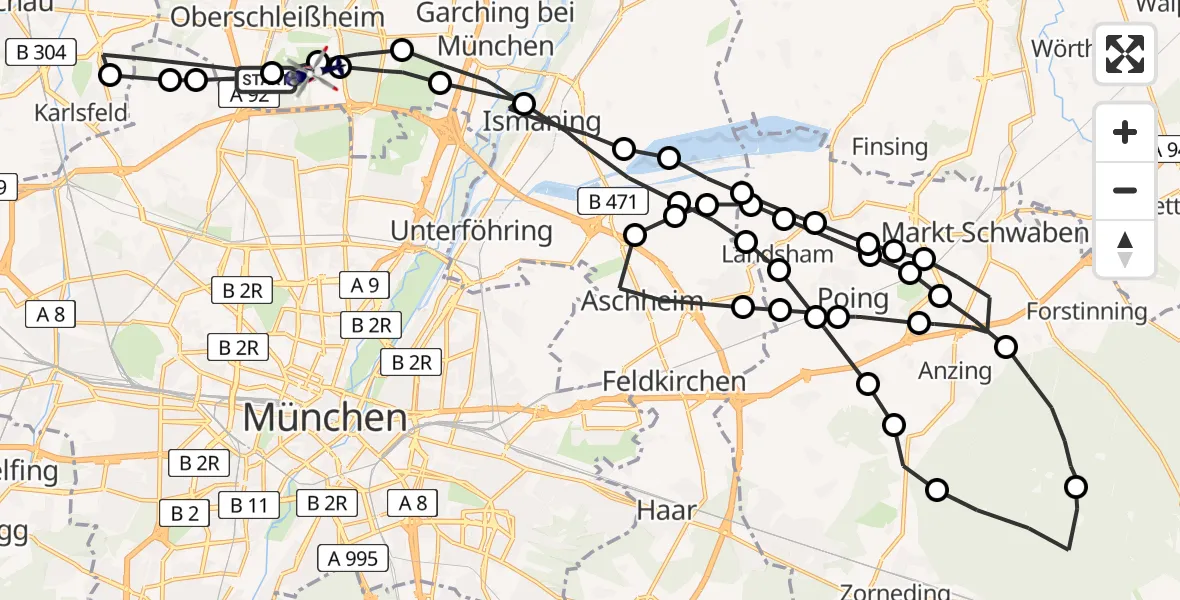 Flugroute Polizeihubschrauber Oberschleißheim - Oberschleissheim Hubschrauberlandeplatz, 27 März 2026, 08:53