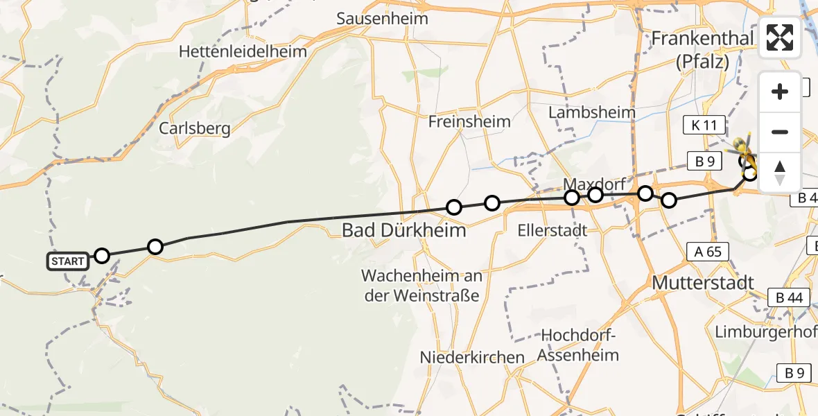 Flugroute Rettungshubschrauber Bad Dürkheim - Ludwigshafen am Rhein, 27 März 2026, 09:13