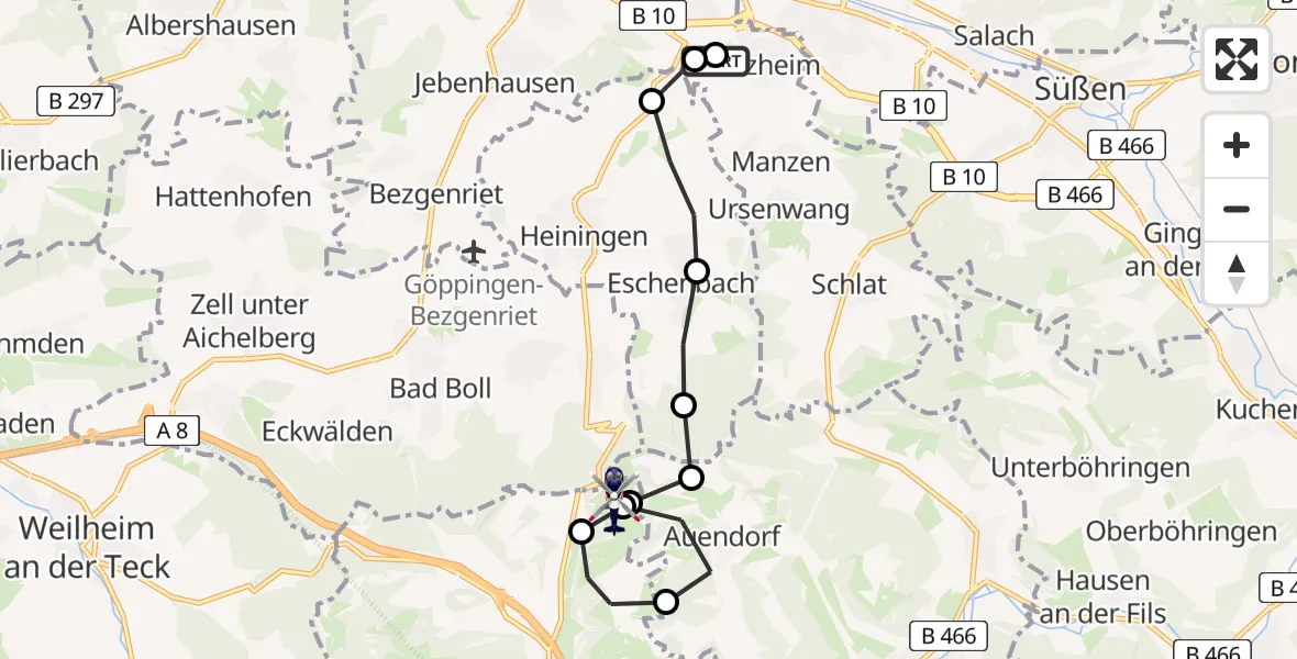 Flugroute Polizeihubschrauber Göppingen (Kernstadt) - Gruibingen-Nortel Flugplatz, 27 März 2026, 09:19