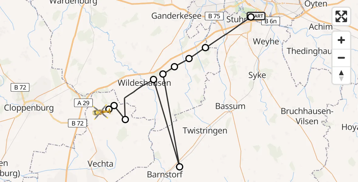 Flugroute Rettungshubschrauber ADAC Air Rescue Station Bremen Hubschrauberlandeplatz (Christoph 6) - Visbek, 27 März 2026, 09:19