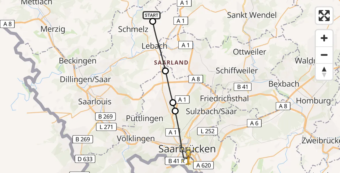Routekaart van de vlucht: Rettungshubschrauber nach Saarbrücken, Winterberg