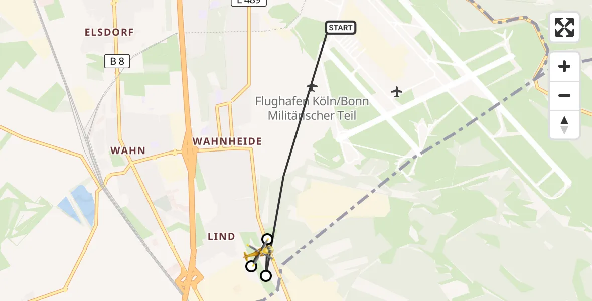 Flugroute Rettungshubschrauber Köln Bonn Flughafen - Porz, 27 März 2026, 09:25