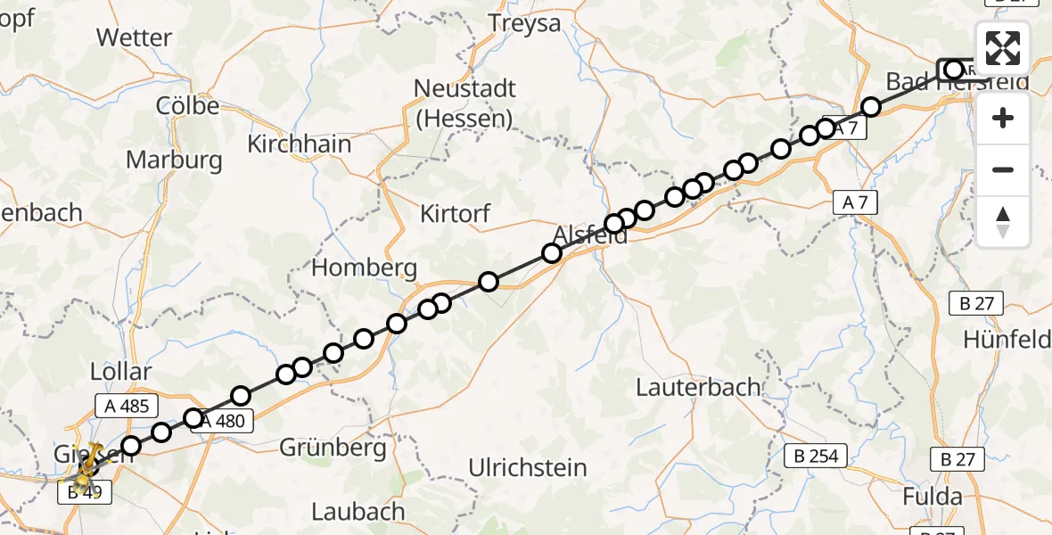 Flugroute Rettungshubschrauber Bad Hersfeld Hospital - Gießen University Hospital, 27 März 2026, 09:27