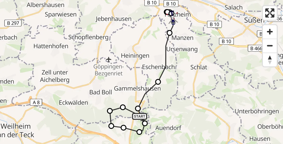 Routekaart van de vlucht: Polizeihubschrauber nach Holzheim, Reutenbergweg