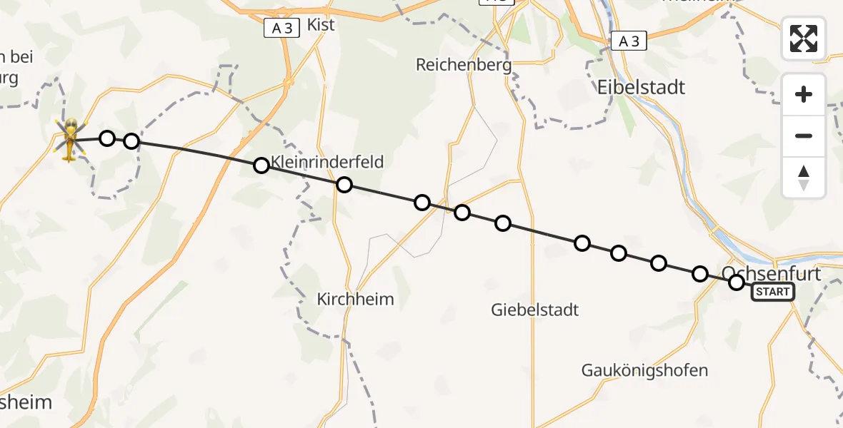 Flugroute Rettungshubschrauber Ochsenfurt - Wenkheim, 27 März 2026, 09:30