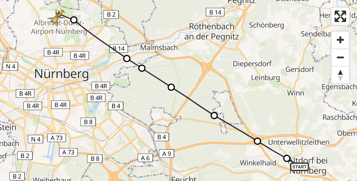 Flugroute Rettungshubschrauber Weinhof - Flughafen Nuremberg, 27 März 2026, 09:32
