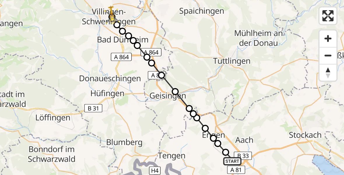 Routekaart van de vlucht: Rettungshubschrauber nach DRF Air Rescue Station Villingen-Schwenningen Hubschrauberlandeplatz (Christoph 11)