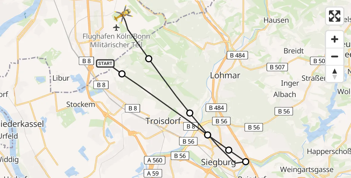 Flugroute Rettungshubschrauber Porz - Köln Bonn Flughafen, 27 März 2026, 09:41