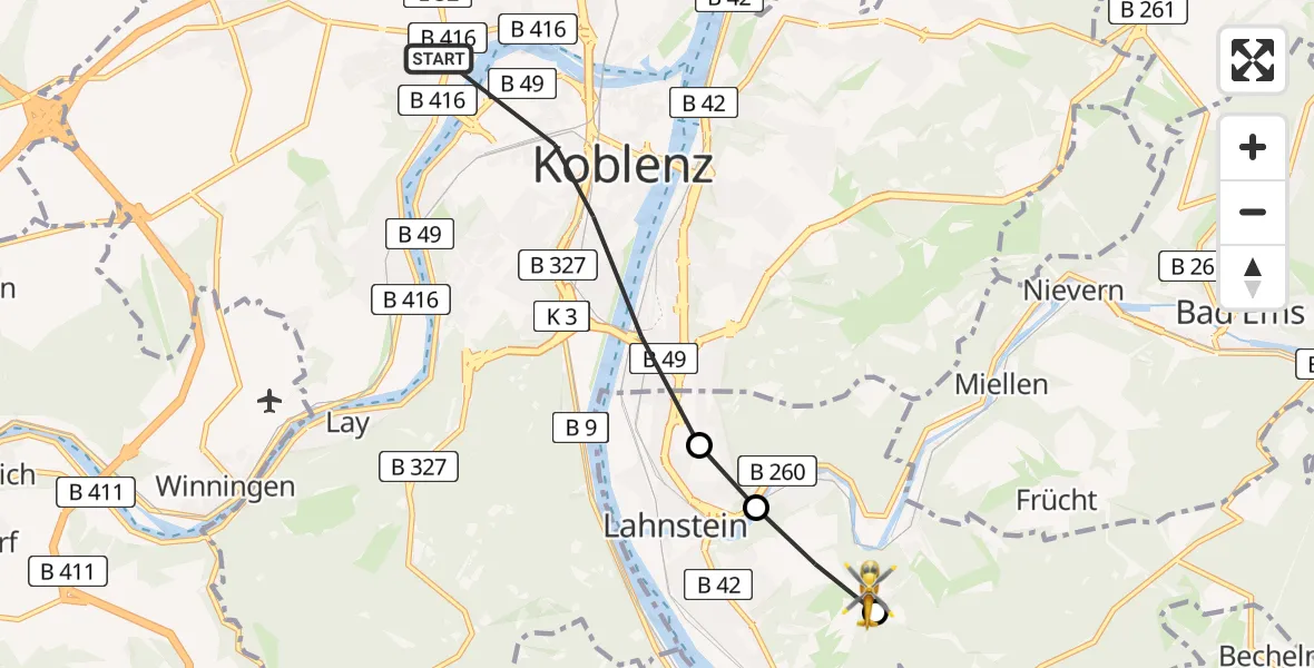 Flugroute Rettungshubschrauber Koblenz - Lahnstein, 27 März 2026, 09:45