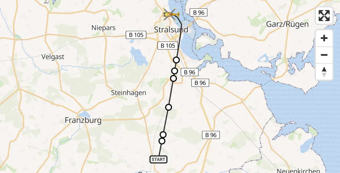 Flugroute Rettungshubschrauber Klein Lehmhagen - Stralsund, 27 März 2026, 09:55