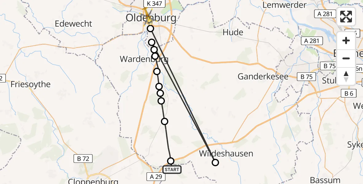 Routekaart van de vlucht: Rettungshubschrauber nach Oldenburg, Ofener Straße