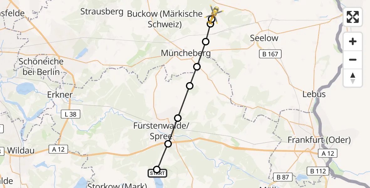 Routekaart van de vlucht: Rettungshubschrauber nach Neuhardenberg, Karl-Marx-Damm