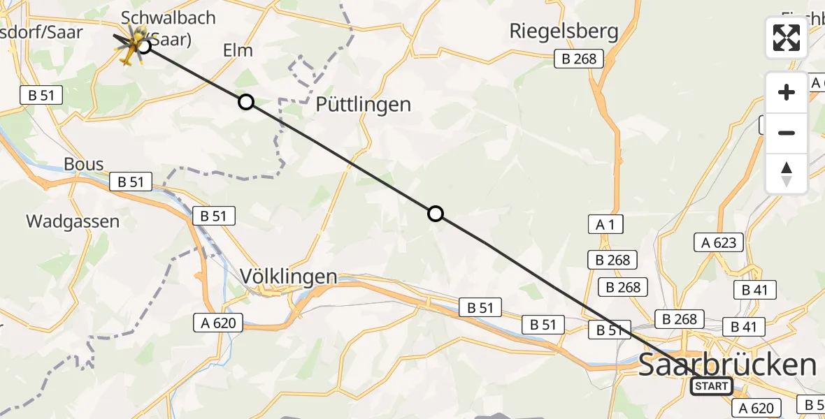 Flugroute Rettungshubschrauber Saarbrücken - Schwalbach, 27 März 2026, 10:10