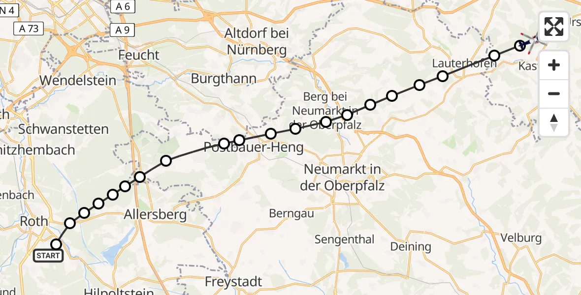 Routekaart van de vlucht: Polizeihubschrauber nach Kastl, St 2220