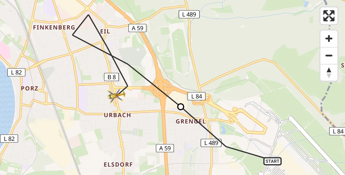 Flugroute Rettungshubschrauber Köln Bonn Flughafen - Porz, 27 März 2026, 10:14