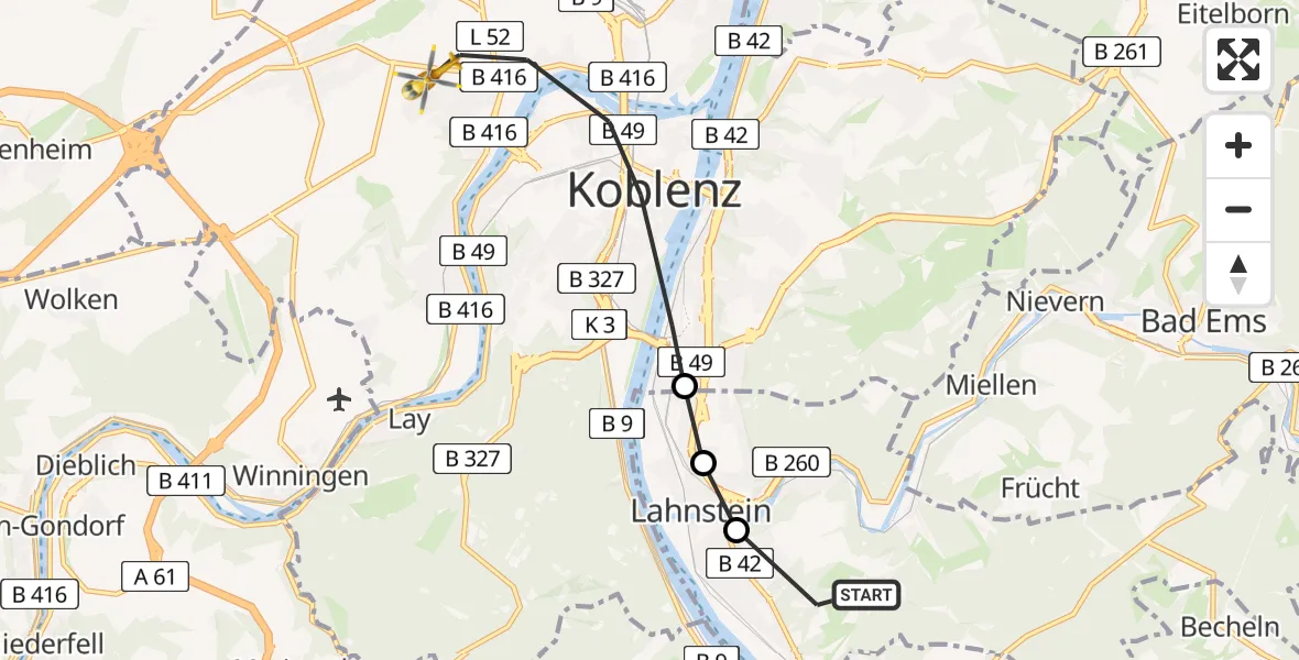 Routekaart van de vlucht: Rettungshubschrauber nach Koblenz, Rübenacher Straße