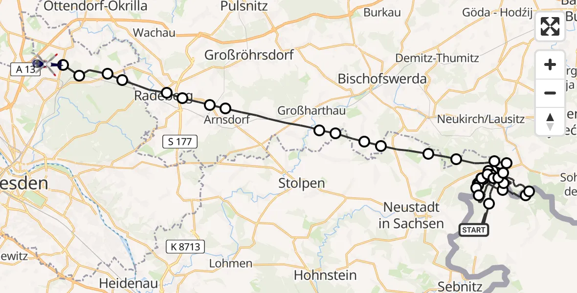 Flugroute Polizeihubschrauber Nová Víska u Dolní Poustevny - Dresden, 27 März 2026, 11:02