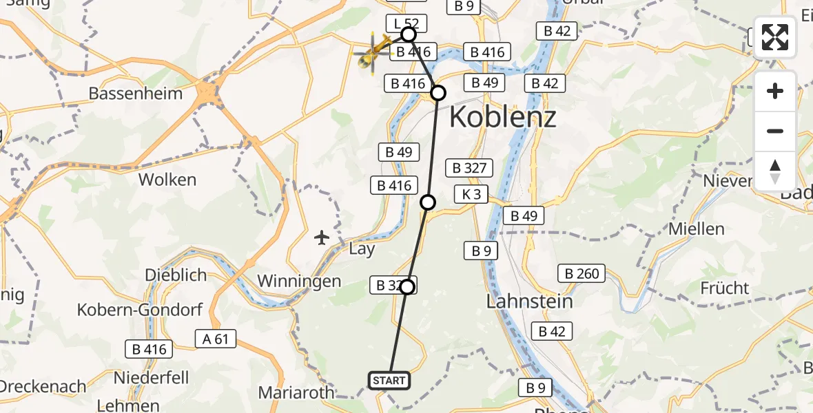 Flugroute Rettungshubschrauber Koblenz - Koblenz, 27 März 2026, 11:38