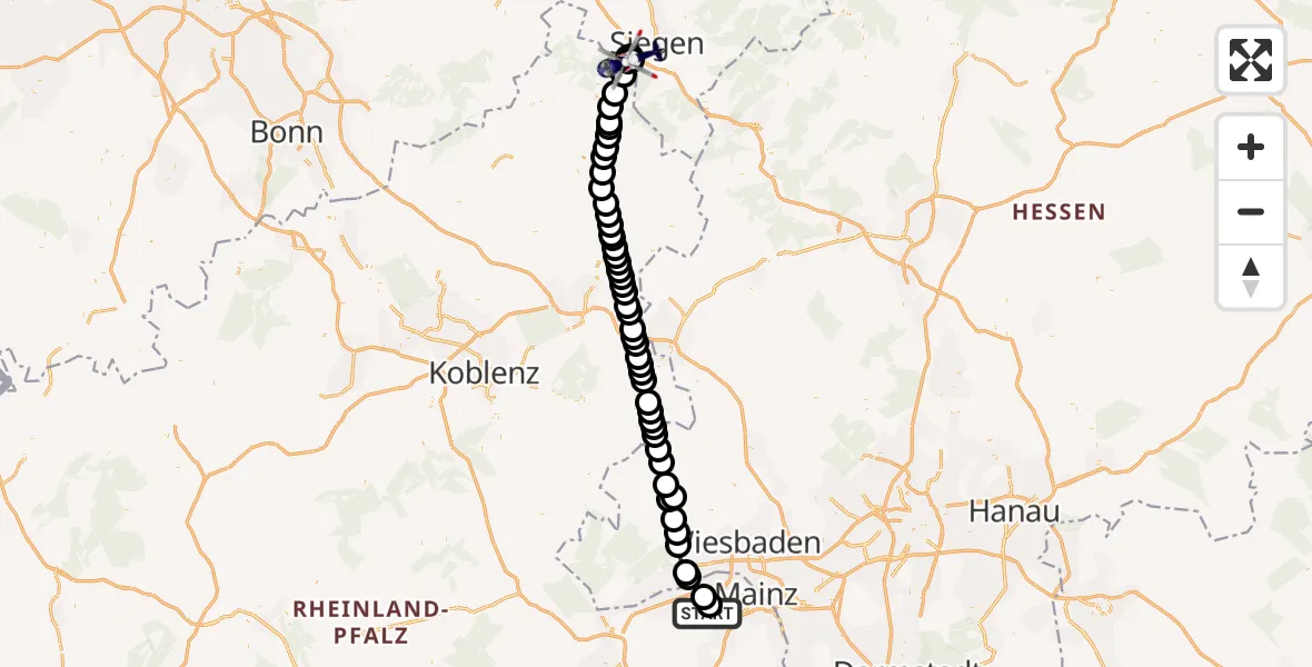 Flugroute Polizeihubschrauber Mainz-Finthen Flugplatz - Siegen, 27 März 2026, 11:40