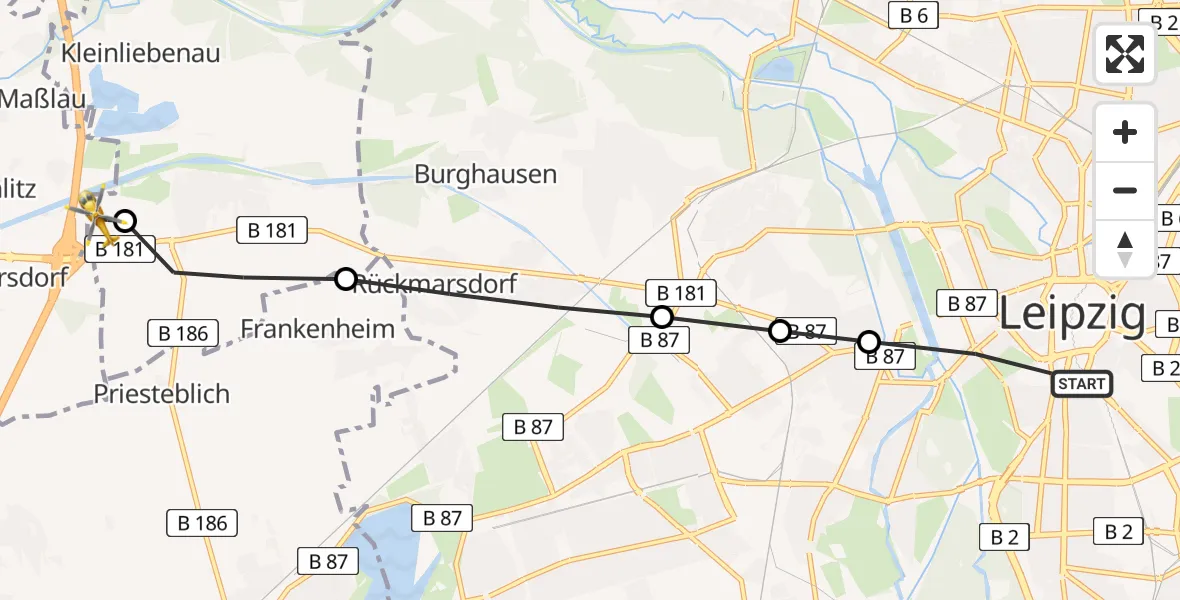 Flugroute Rettungshubschrauber Mitte - ADAC Air Rescue Station Leipzig/Schkeuditz-Dölzig Hubschrauberlandeplatz (Christoph 61), 27 März 2026, 11:44