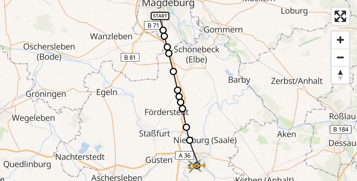 Flugroute Rettungshubschrauber Magdeburg - AMEOS Hospital Bernburg, 27 März 2026, 11:46