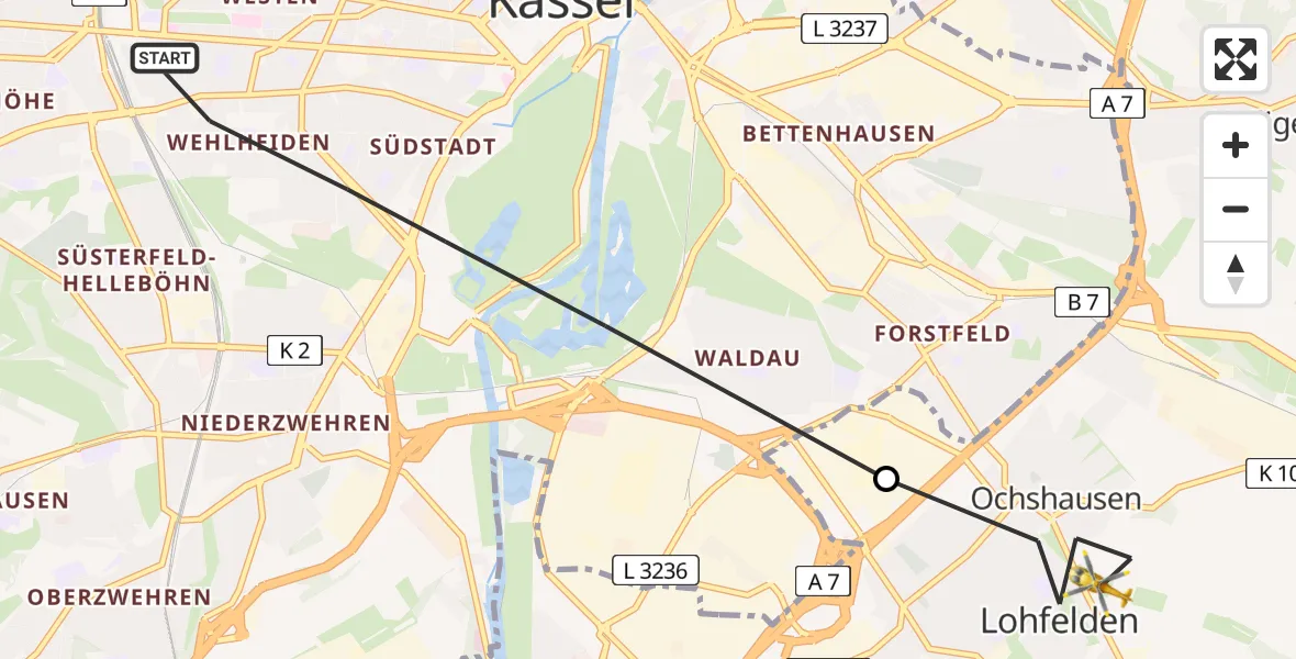 Flugroute Rettungshubschrauber Kassel - Ochshausen, 27 März 2026, 11:46