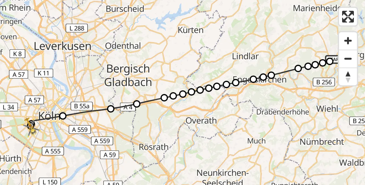 Flugroute Rettungshubschrauber Niederseßmar - Köln University Hospital, 27 März 2026, 11:55