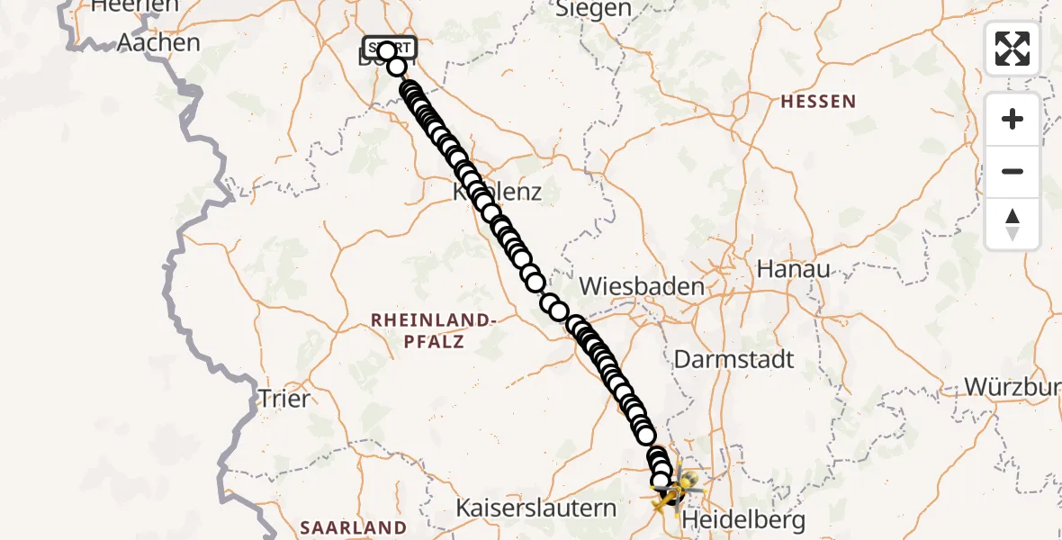 Flugroute Rettungshubschrauber Bonn - Ludwigshafen Accident Hospital, 27 März 2026, 11:59