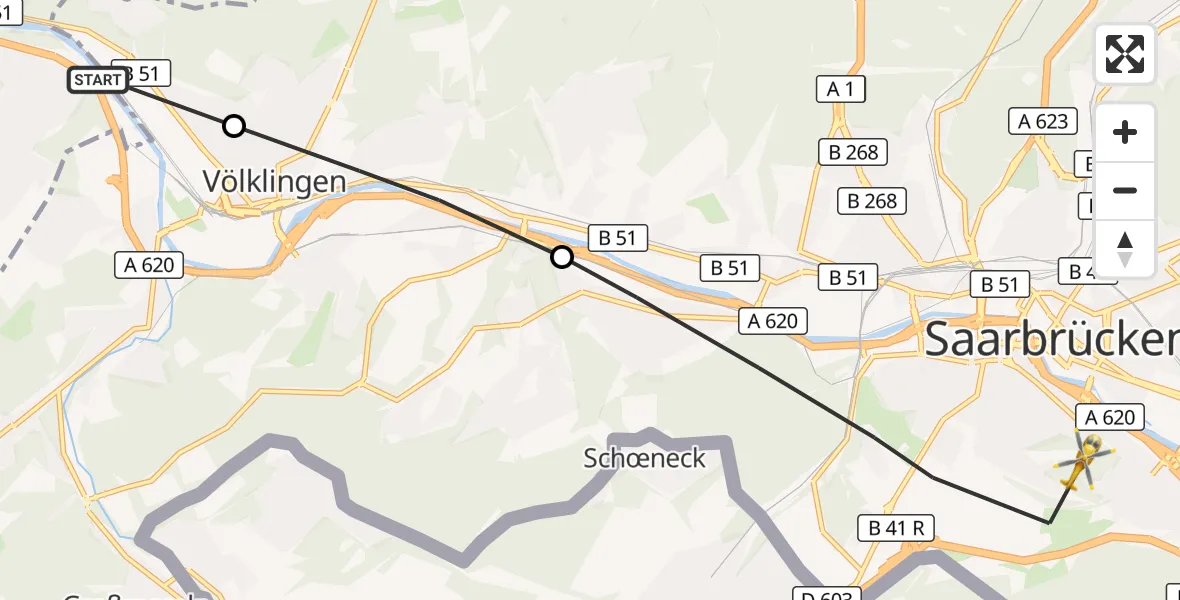 Flugroute Rettungshubschrauber Wadgassen - Saarbrücken, 27 März 2026, 12:01
