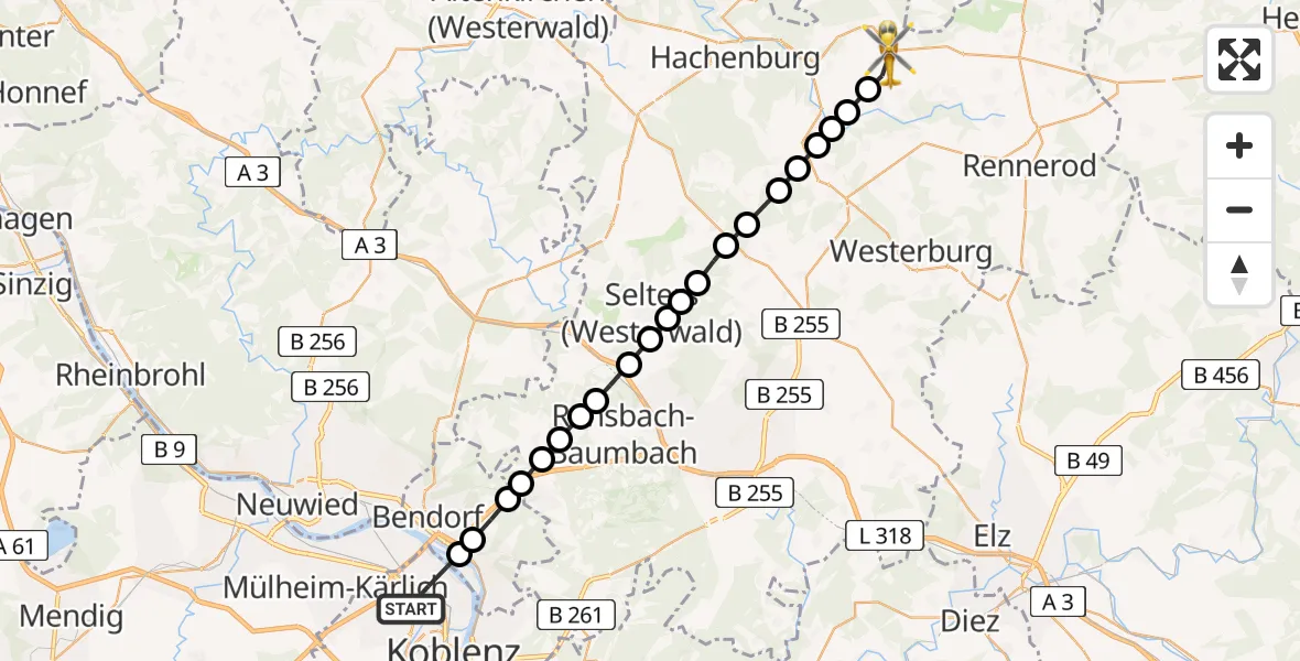 Flugroute Rettungshubschrauber Koblenz - Bad Marienberg (Westerwald), 27 März 2026, 12:05