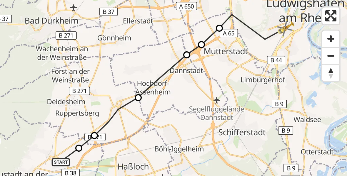 Flugroute Rettungshubschrauber Neustadt an der Weinstraße - Ludwigshafen am Rhein, 27 März 2026, 12:08