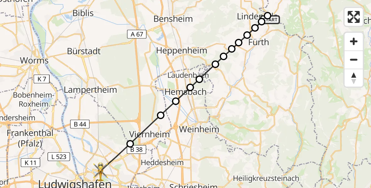 Flugroute Rettungshubschrauber Krumbach - Mannheim, 27 März 2026, 12:10